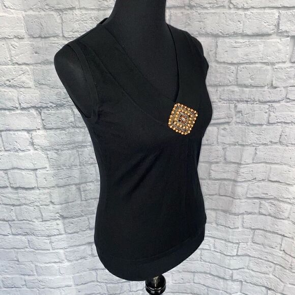 Venus silk blend sleeveless v-neck blouse w/center beadwork black sz L women - Picture 4 of 10